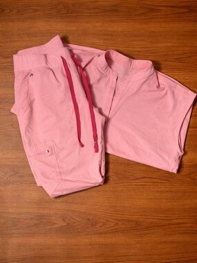 Figs Women's Pink Scrub Set with Dark Pink Drawstrings